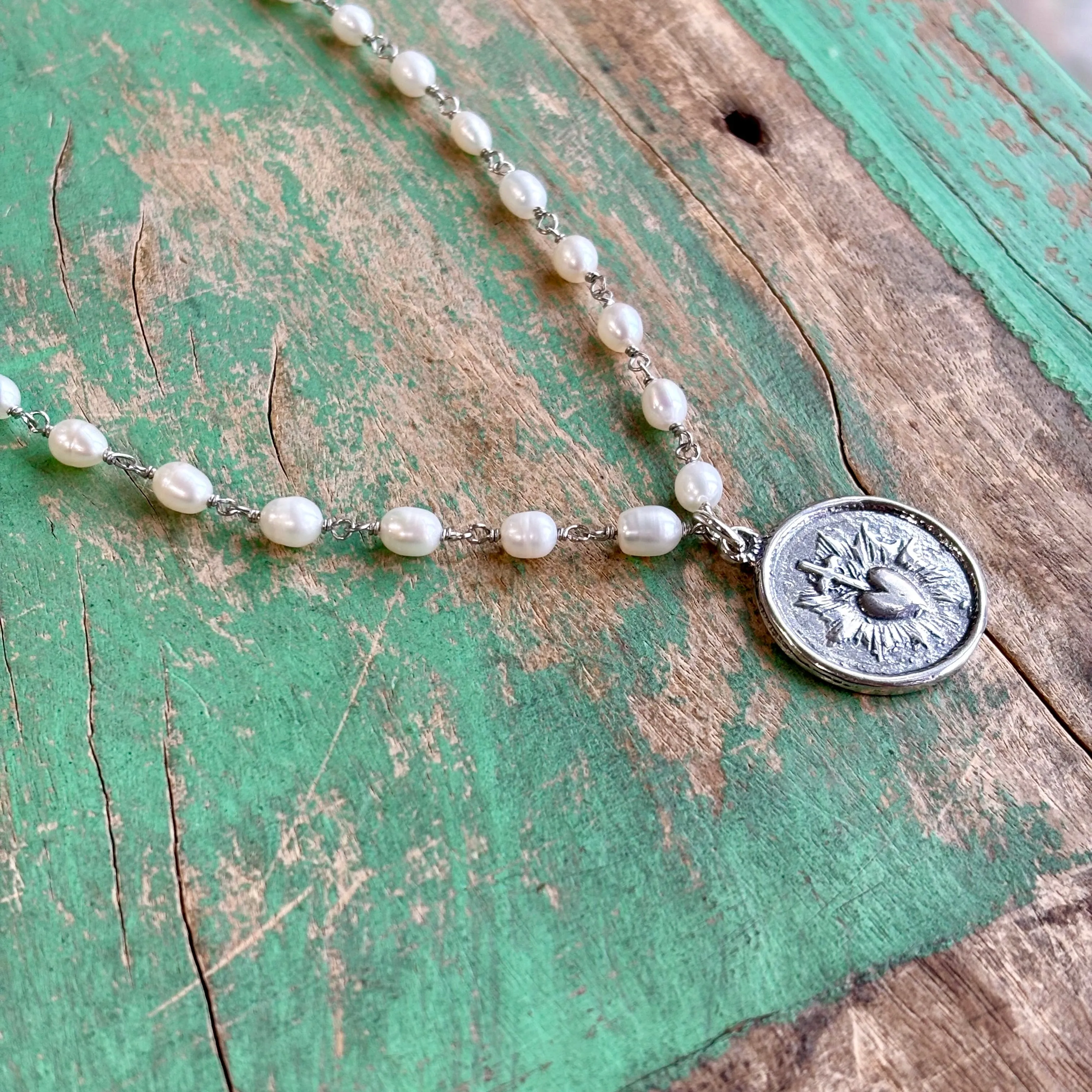 Sterling Silver Round Sacred Heart Medallion on Freshwater Pearls