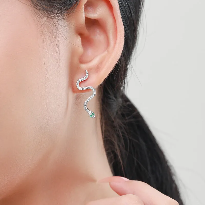 Sterling Silver Snake Earrings with Zircon Accents