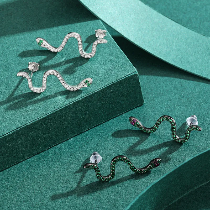 Sterling Silver Snake Earrings with Zircon Accents