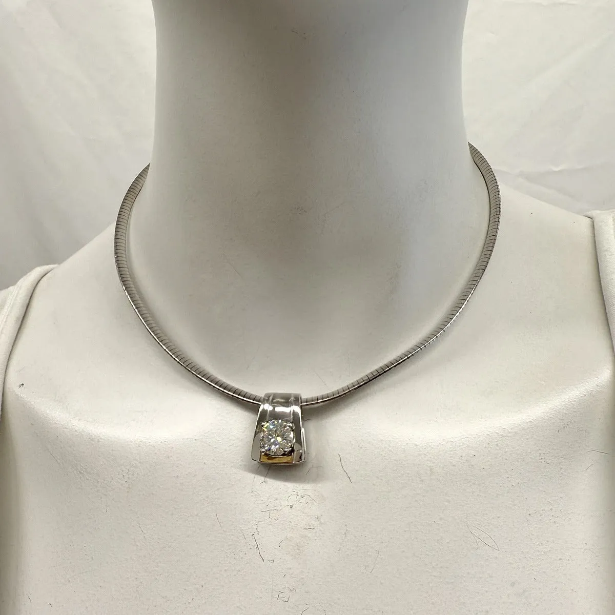 Sterling Silver& 14K White White Snake Necklace with Moissante Pendant