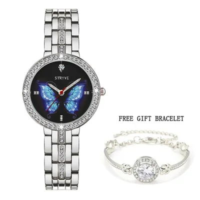 Stryve New Designer Ladies Watch Alloy Fashion Butterfly Crystal Dial Waterproof Quartz Luxury Women Watches With Free Bracelets