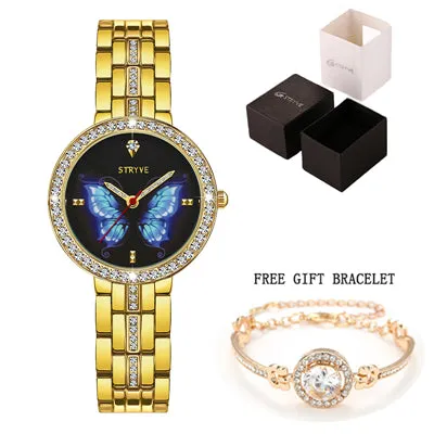 Stryve New Designer Ladies Watch Alloy Fashion Butterfly Crystal Dial Waterproof Quartz Luxury Women Watches With Free Bracelets