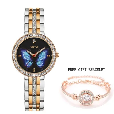 Stryve New Designer Ladies Watch Alloy Fashion Butterfly Crystal Dial Waterproof Quartz Luxury Women Watches With Free Bracelets