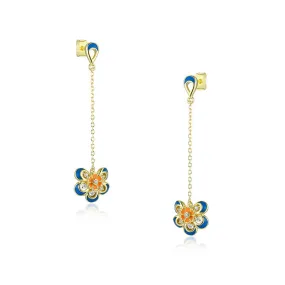 Tassel Enamel Flower with Zircon Silver Drop Earrings