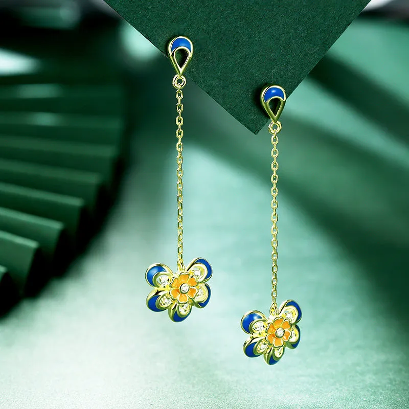 Tassel Enamel Flower with Zircon Silver Drop Earrings