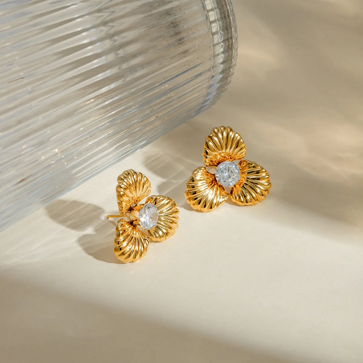 TEEK - Gold Stainless Steel Zircon Flower Shape Earrings