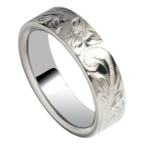 Titanium Hawaiian Scroll Engraved Flat Wedding Ring 6mm