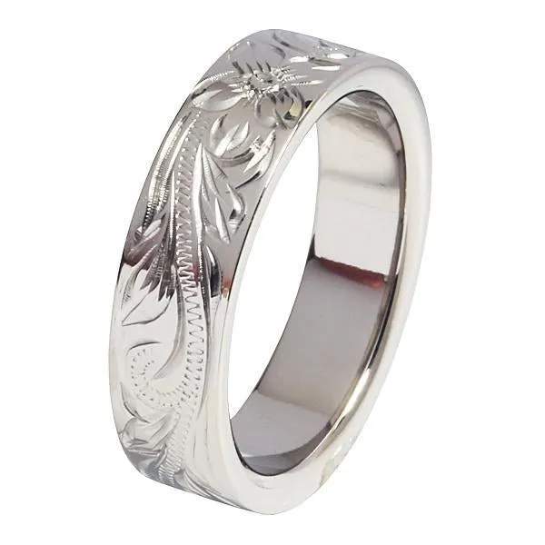 Titanium Hawaiian Scroll Engraved Flat Wedding Ring 6mm