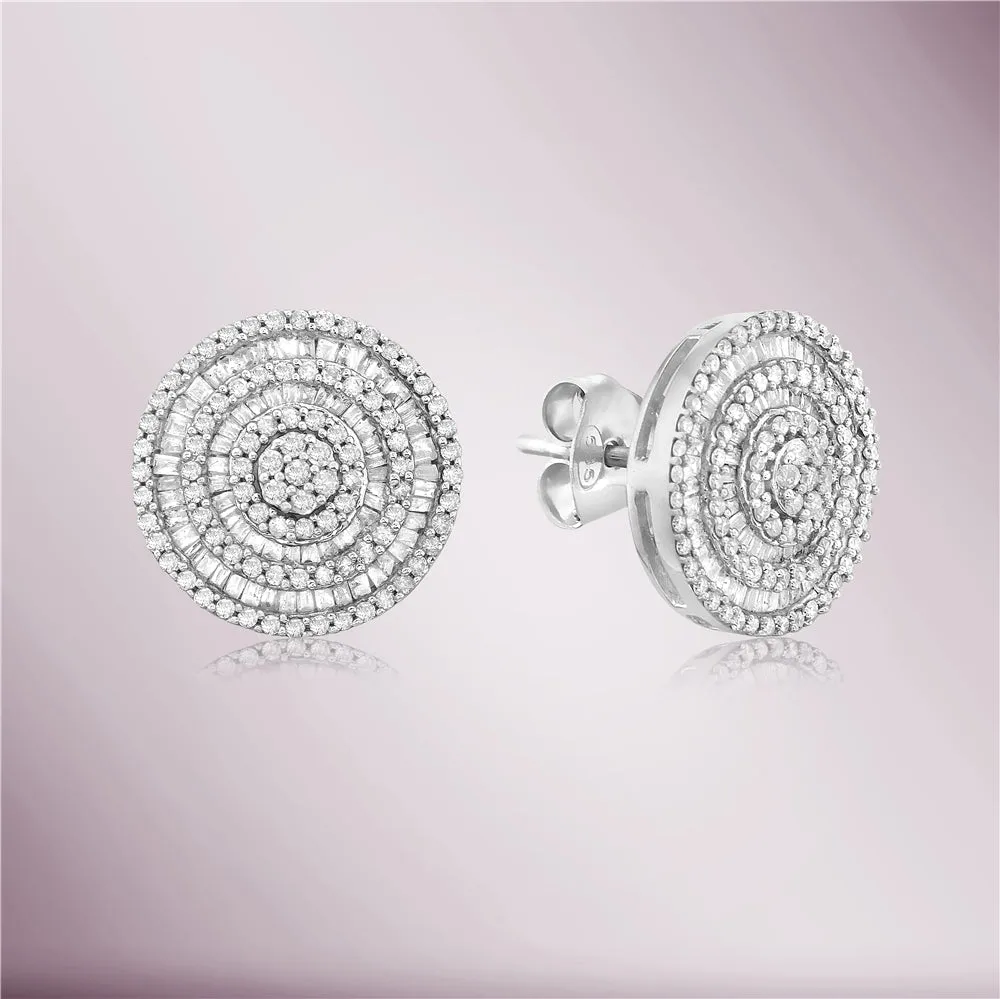 Triple Halo Baguette & Round Diamond Studs Earrings 0.50" Diameter (1.00 ct.) in 14K Gold