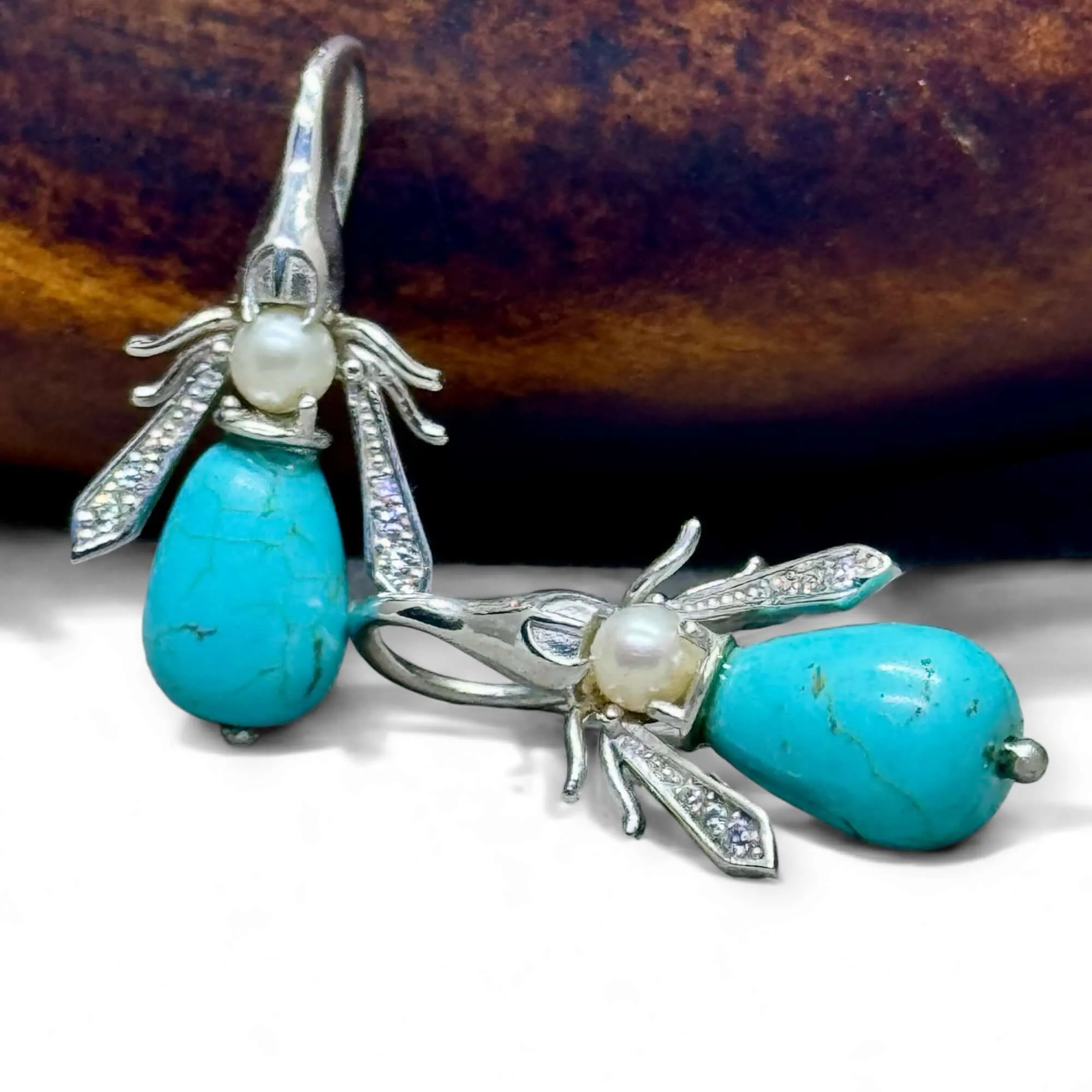 Turquoise And Freshwater Pearl Honey Bee Earrings Silver