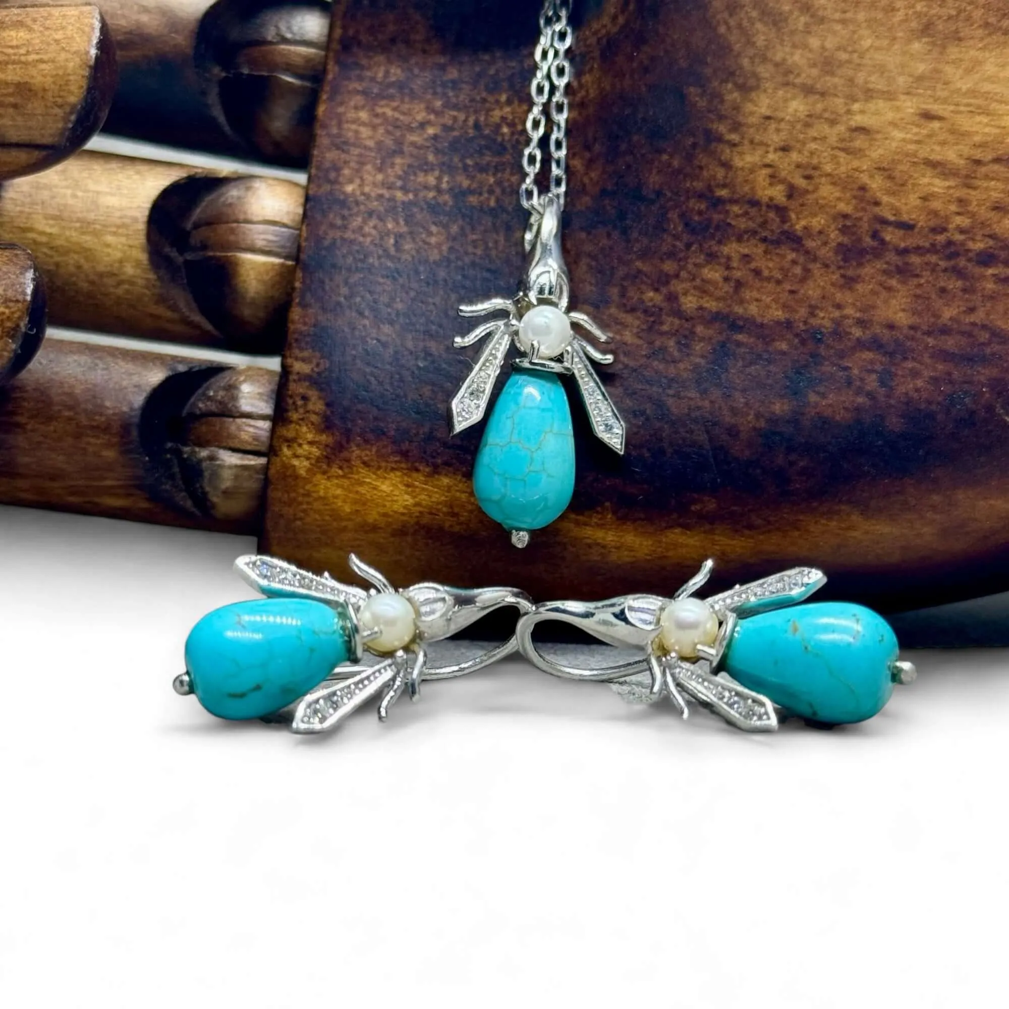 Turquoise And Freshwater Pearl Honey Bee Earrings Silver