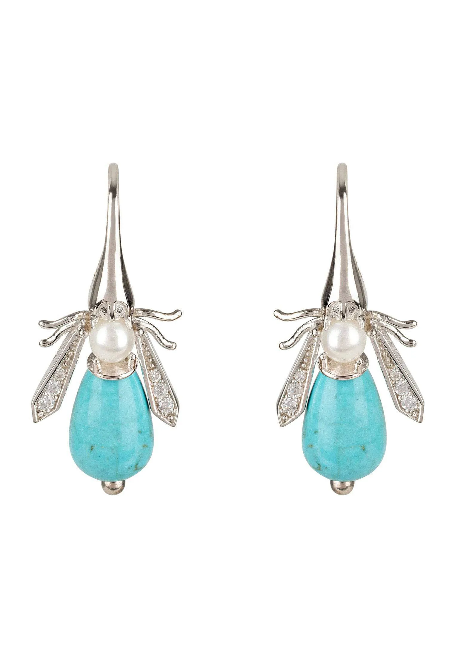 Turquoise And Freshwater Pearl Honey Bee Earrings Silver