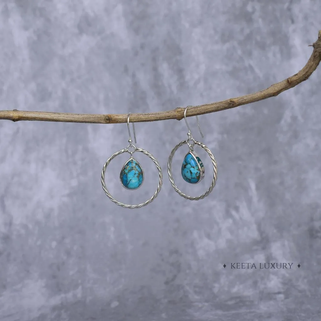 Twisted Pear - Copper Turquoise Hoop Earrings