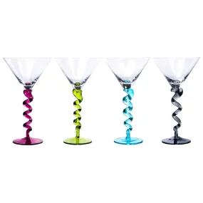 Unique Handcrafted Martini Glasses with Multicolored Twisted Stems, 8-Ounce, Set of 4