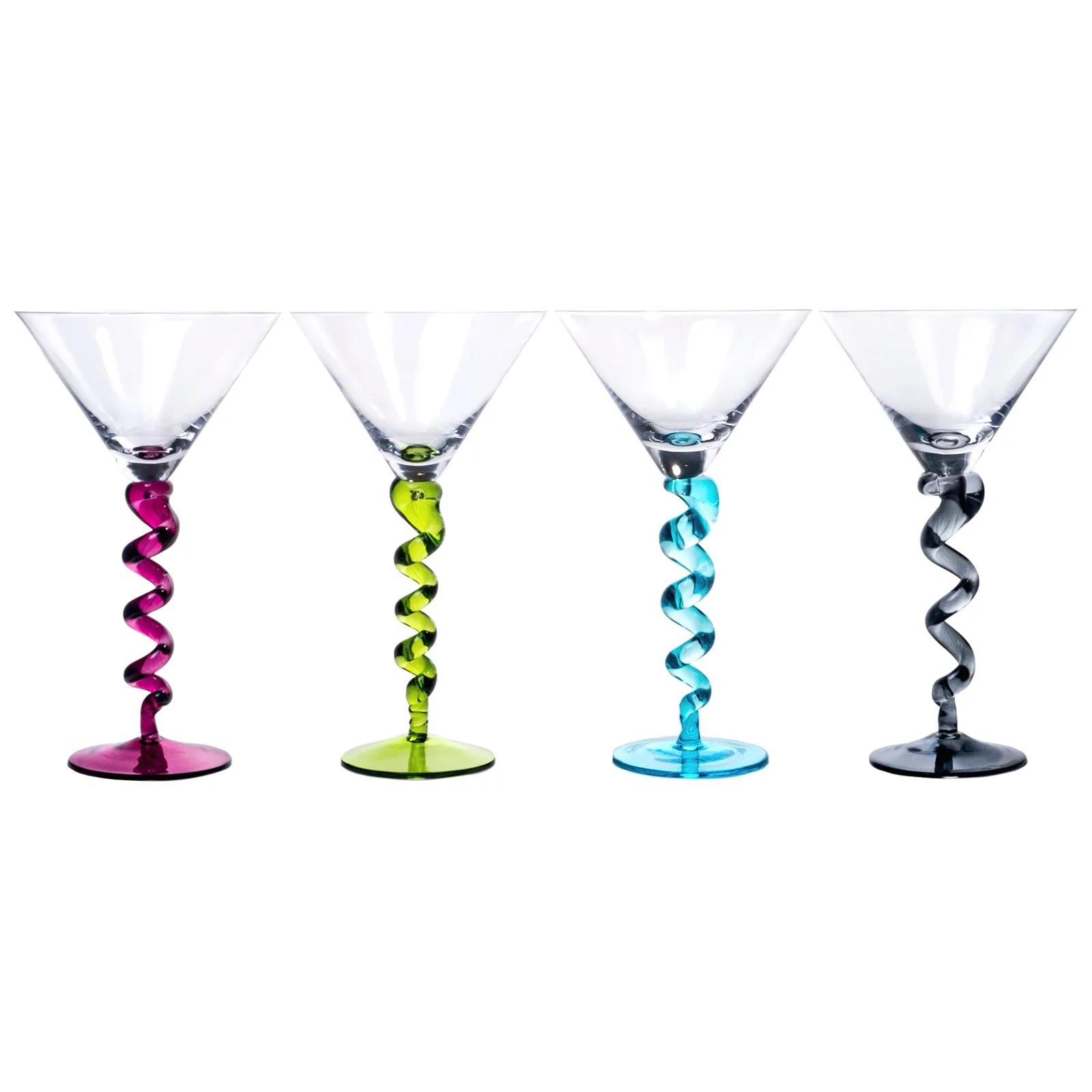 Unique Handcrafted Martini Glasses with Multicolored Twisted Stems, 8-Ounce, Set of 4