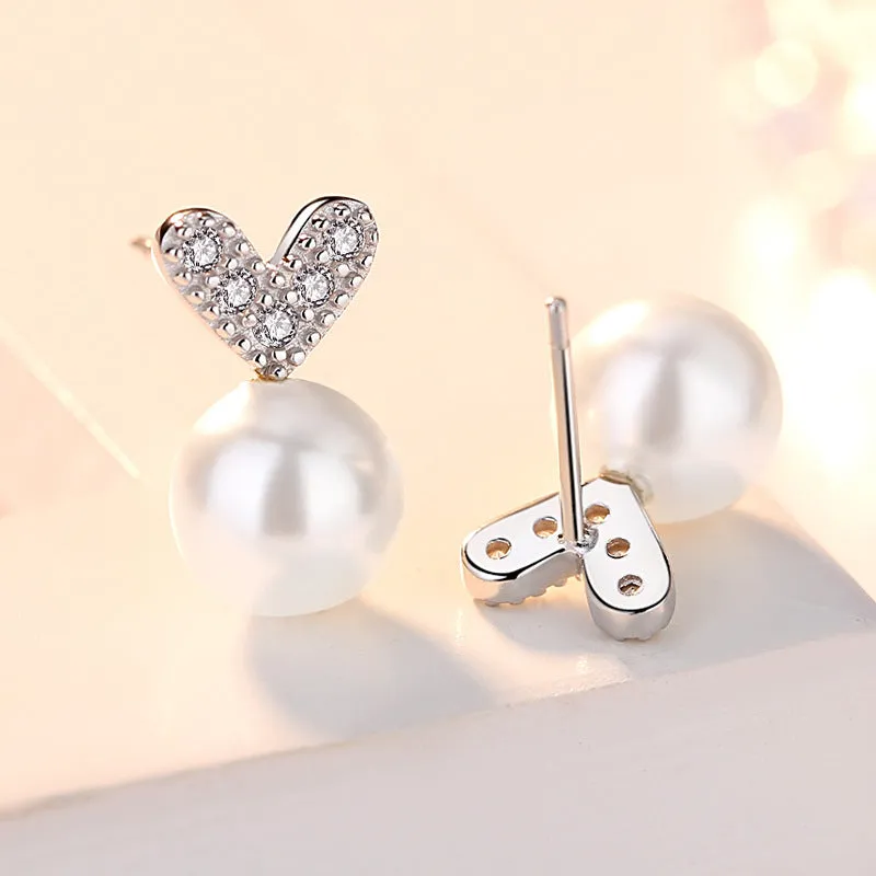 V Zircon Heart with Pearl Silver Studs Earrings for Women