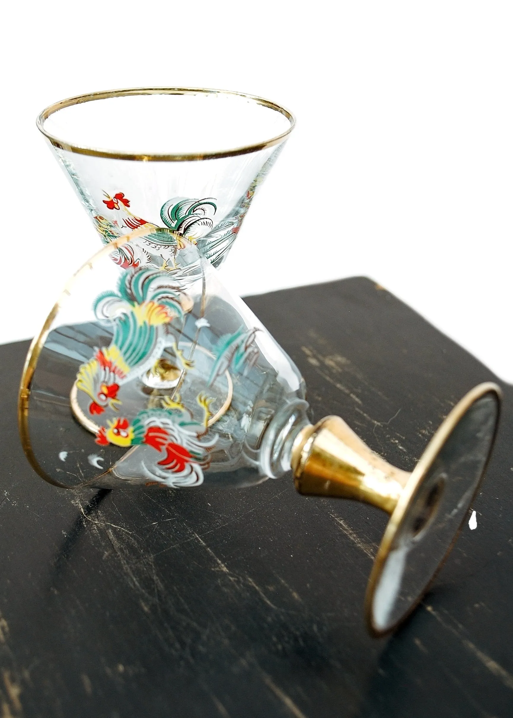 Vintage Art Deco Painted Cockerel Rooster Cocktail Glasses