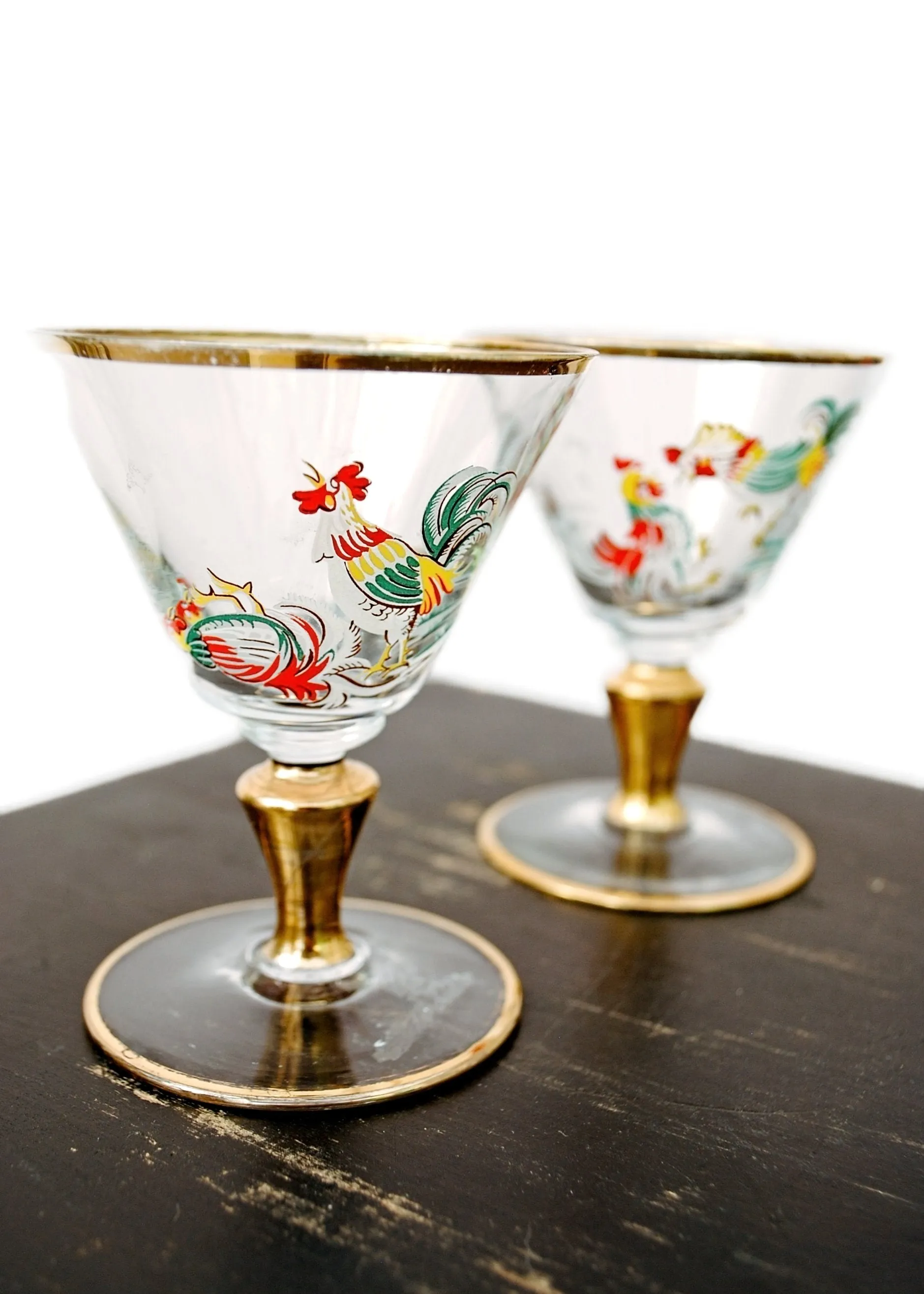 Vintage Art Deco Painted Cockerel Rooster Cocktail Glasses