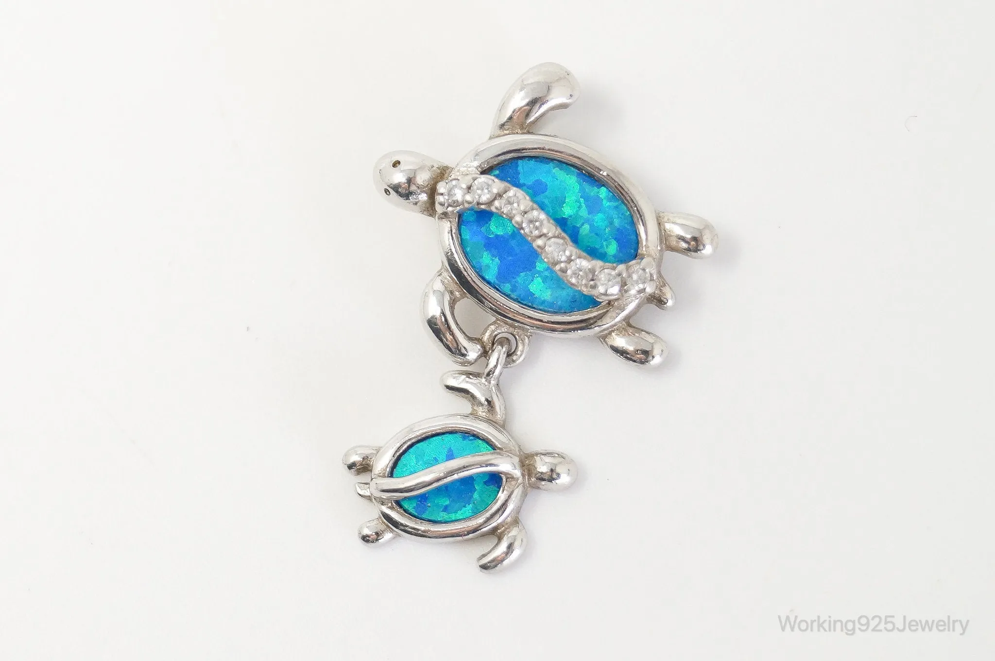 Vintage Blue Fire Opal Cubic Zirconia Sea Turtles Sterling Silver Pendant