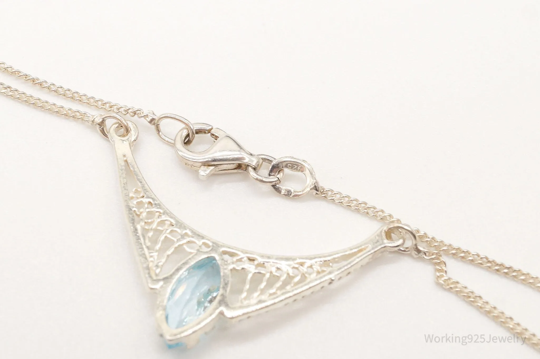 Vintage Blue Topaz Filigree Sterling Silver Chain Necklace