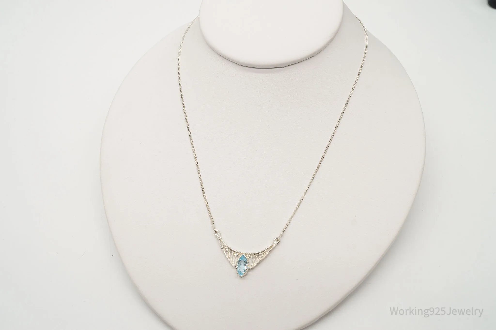 Vintage Blue Topaz Filigree Sterling Silver Chain Necklace