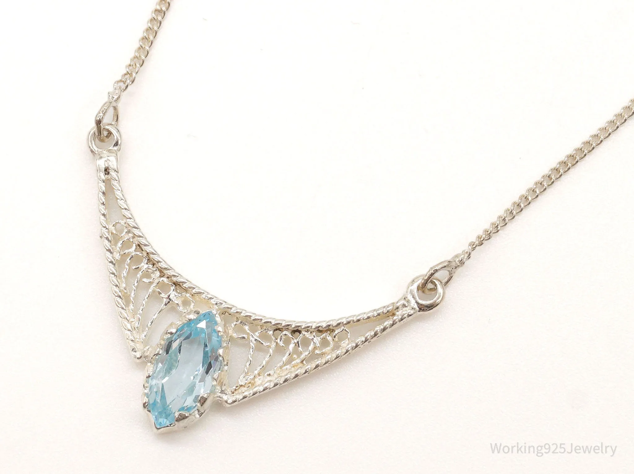 Vintage Blue Topaz Filigree Sterling Silver Chain Necklace