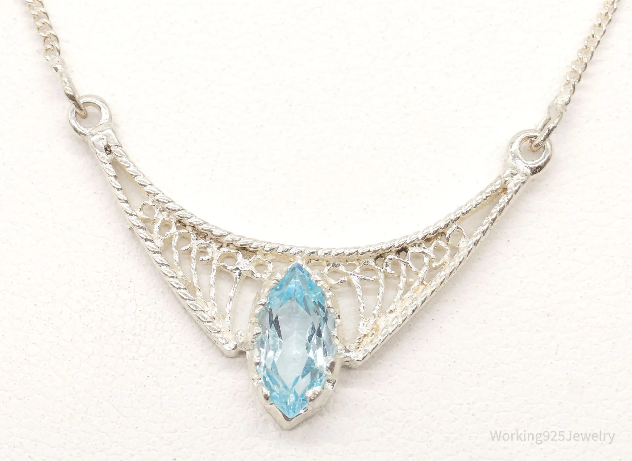 Vintage Blue Topaz Filigree Sterling Silver Chain Necklace