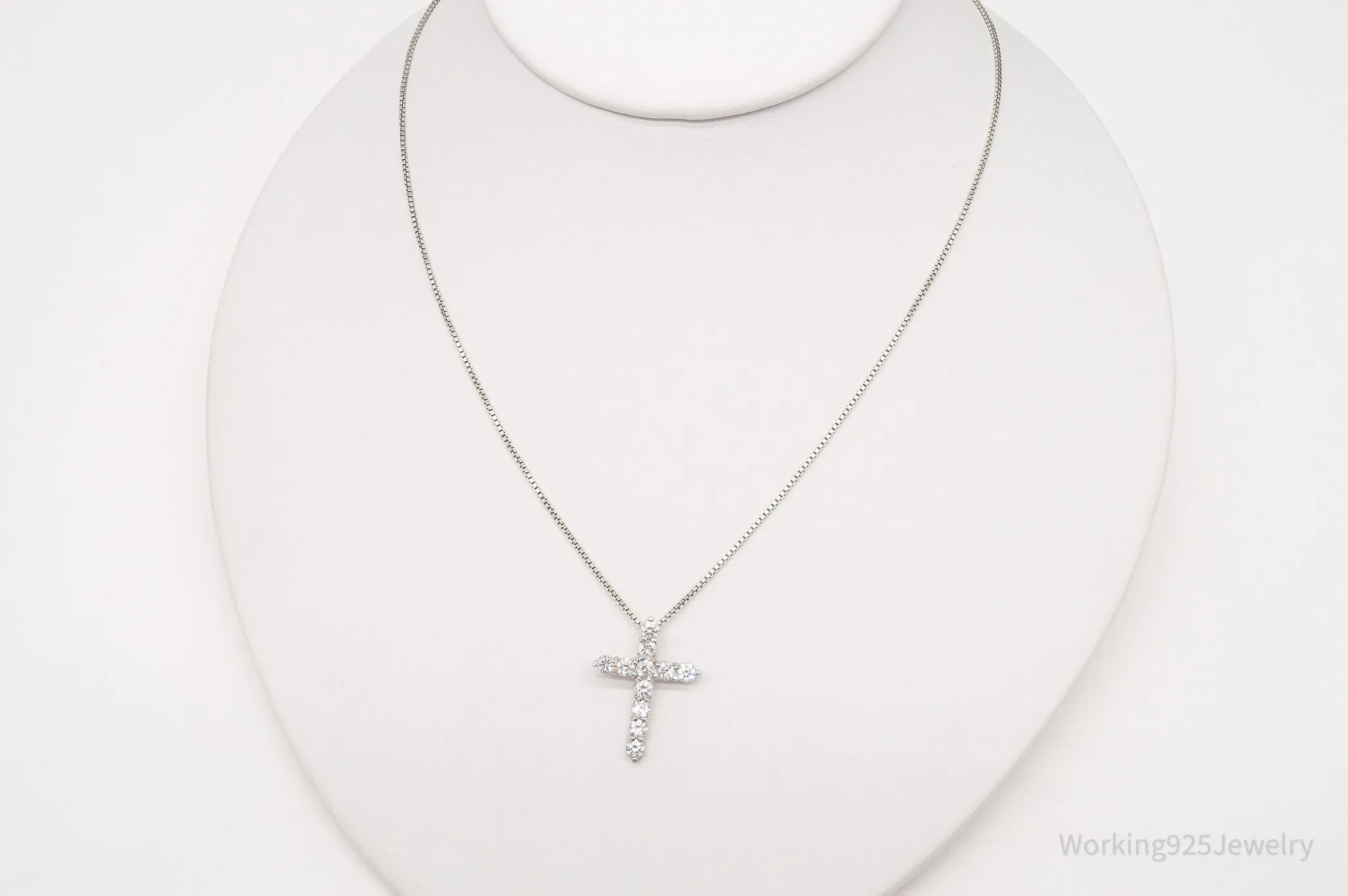 Vintage Cubic Zirconia Cross Sterling Silver Necklace 16"