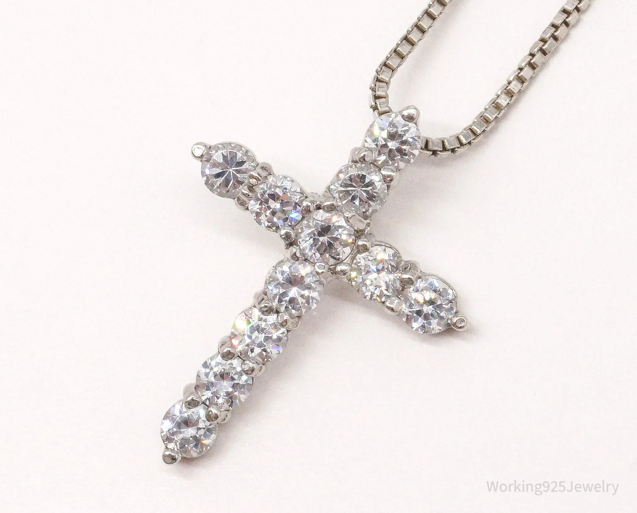 Vintage Cubic Zirconia Cross Sterling Silver Necklace 16"