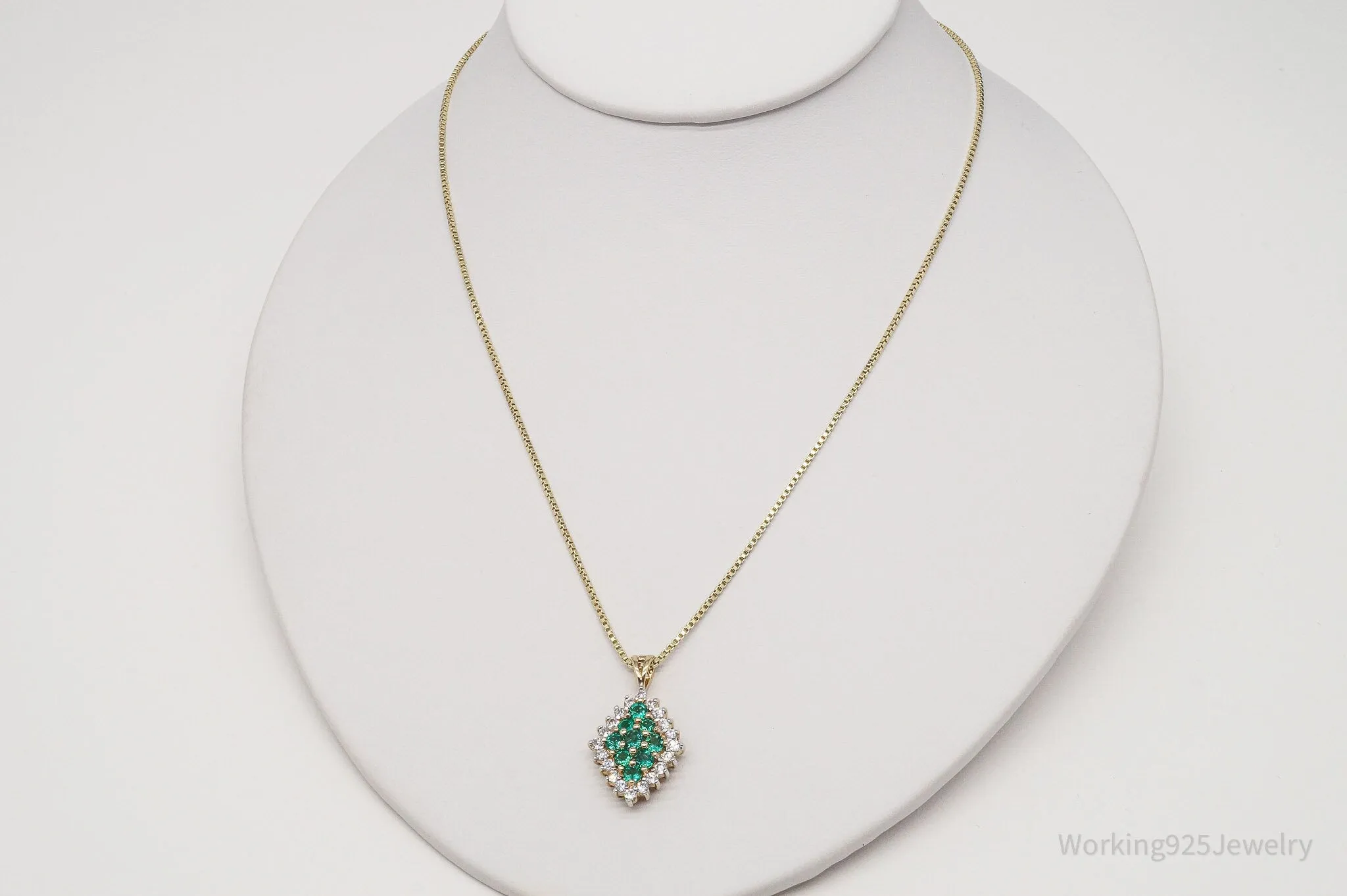 Vintage Lab Emerald Cubic Zirconia 10K Gold Over Sterling Silver Necklace 22"