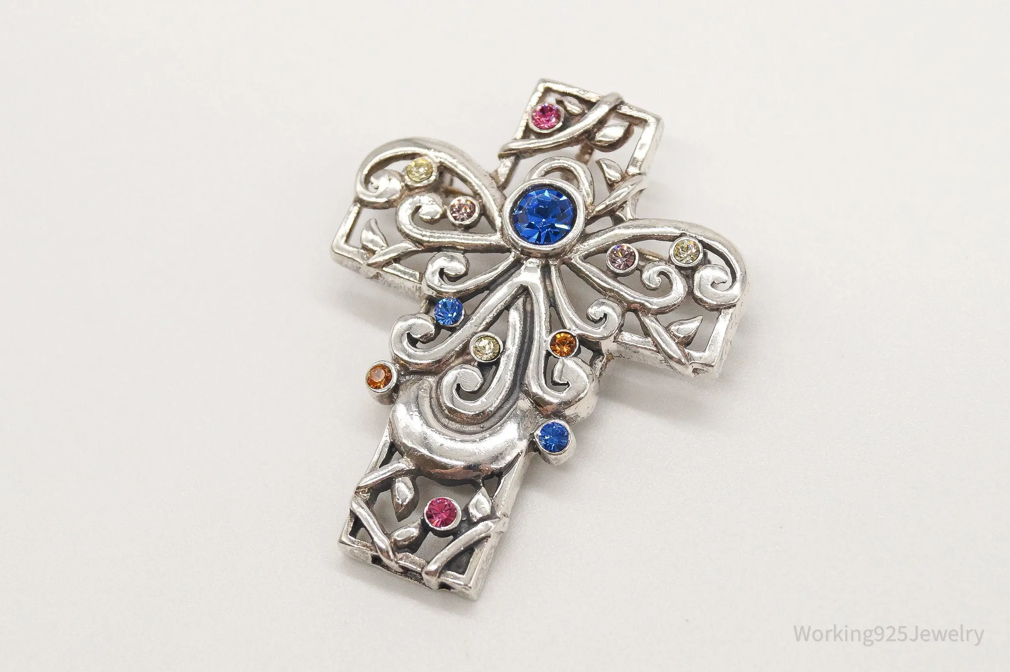 Vintage Large Barse Rhinestone Cross Sterling Silver Pendant/Brooch