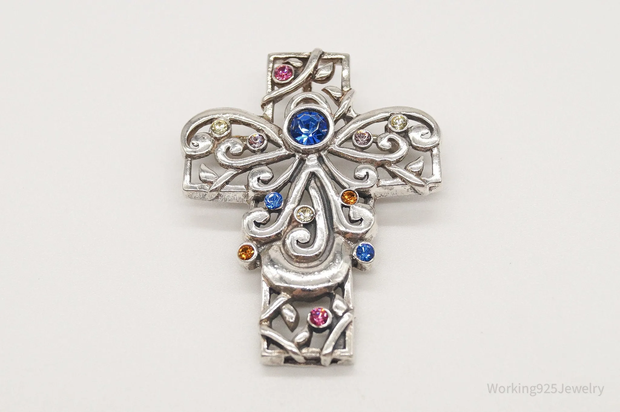 Vintage Large Barse Rhinestone Cross Sterling Silver Pendant/Brooch