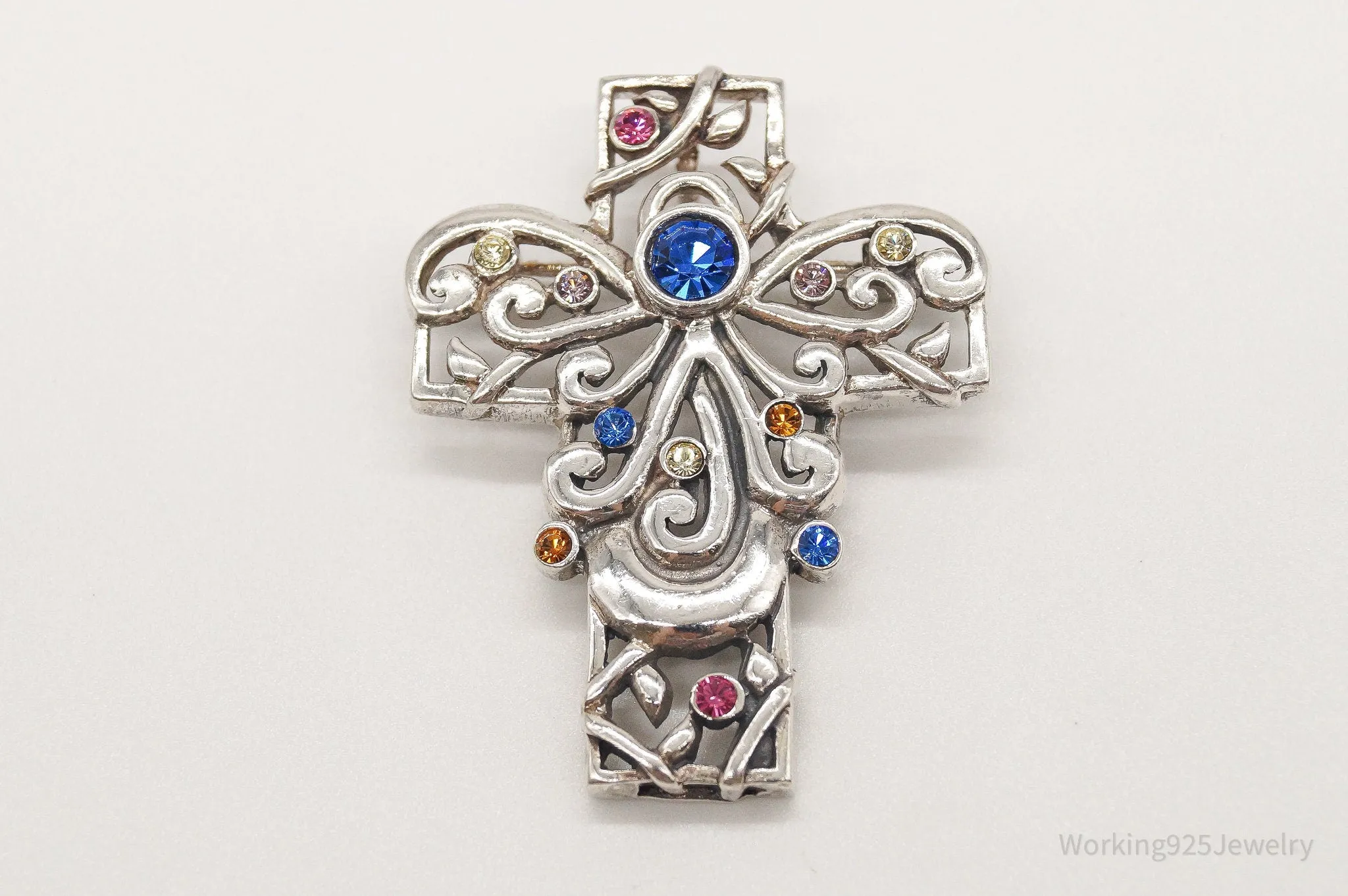 Vintage Large Barse Rhinestone Cross Sterling Silver Pendant/Brooch