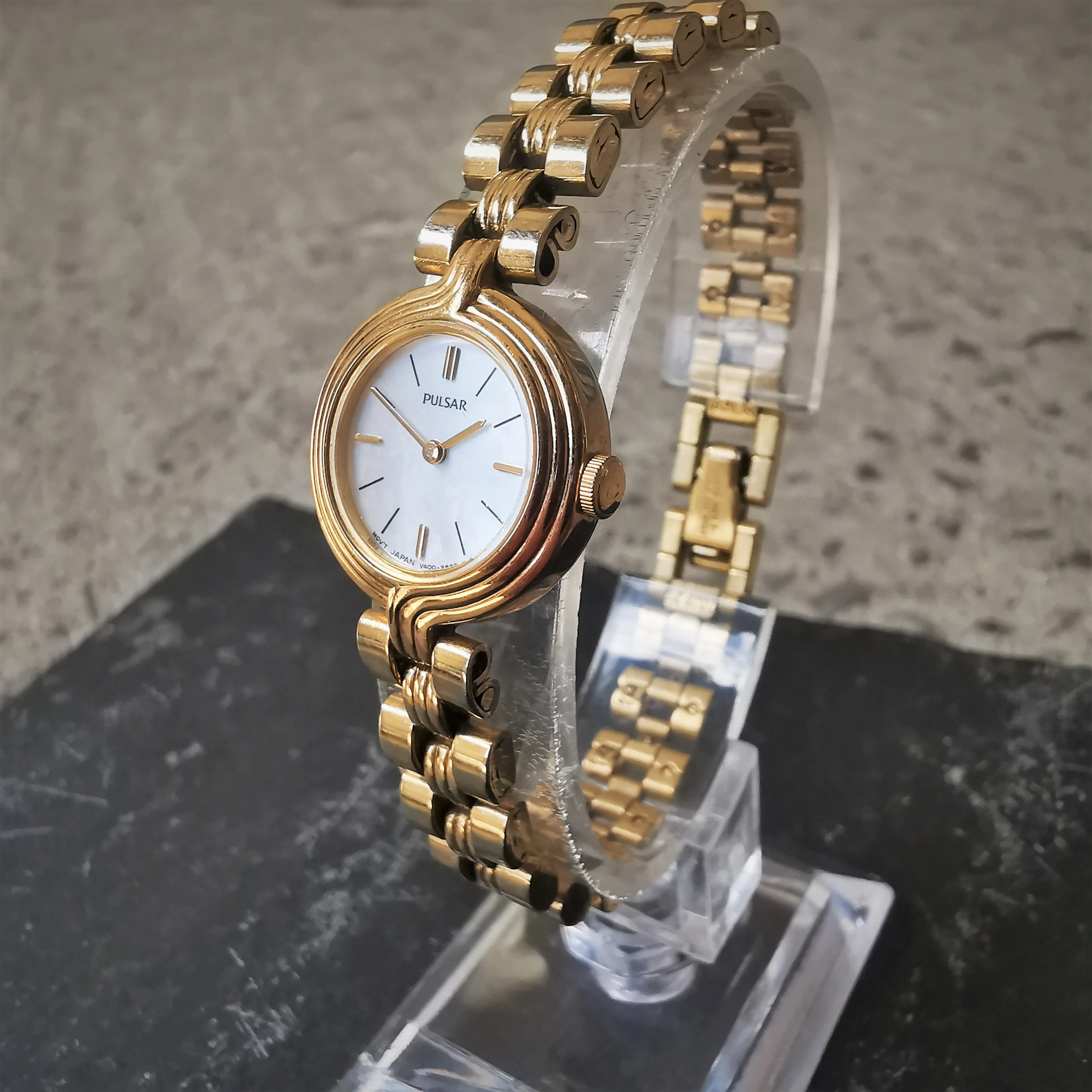 Vintage Women's PULSAR Gold Plated Quartz Watch // With Marble Design Dial