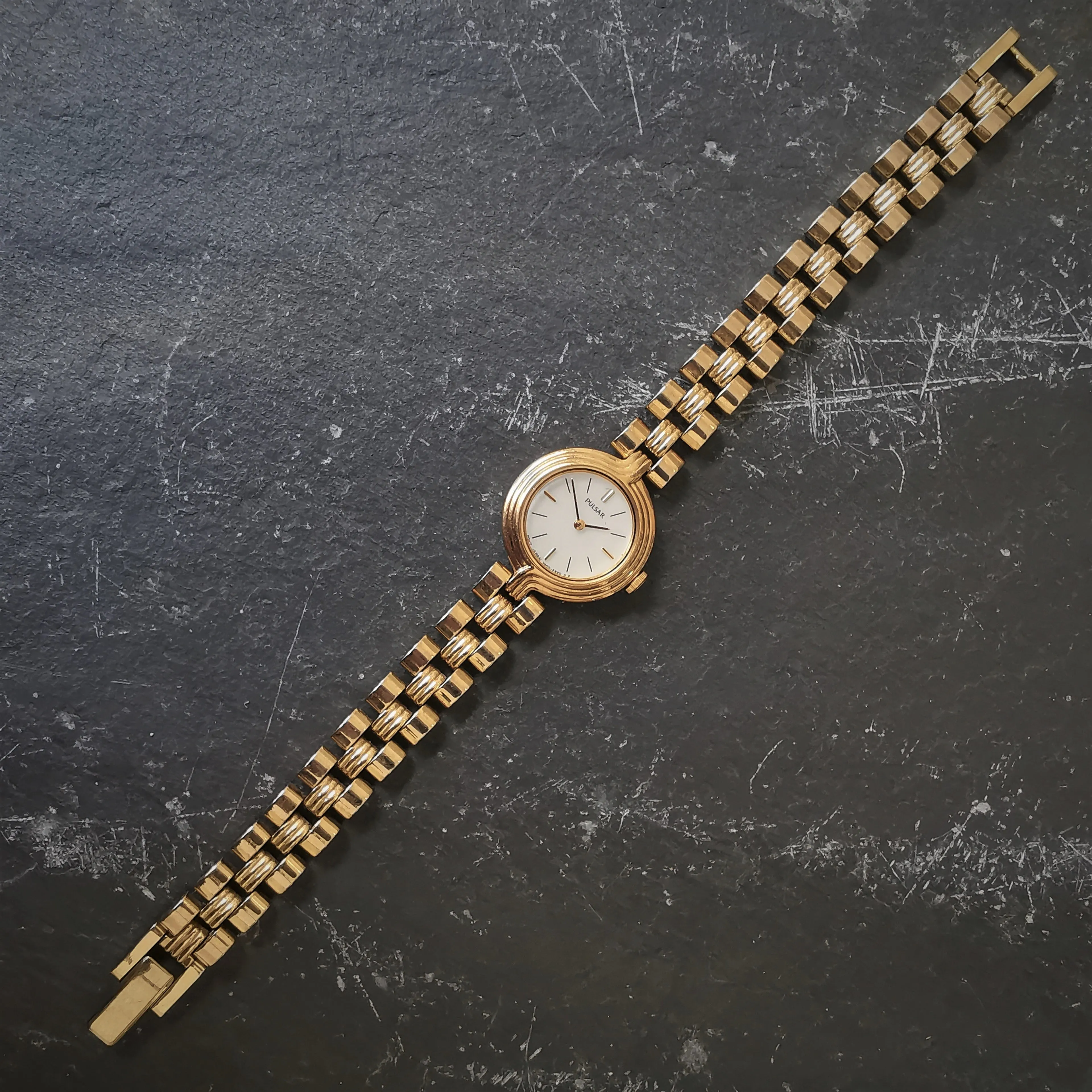 Vintage Women's PULSAR Gold Plated Quartz Watch // With Marble Design Dial