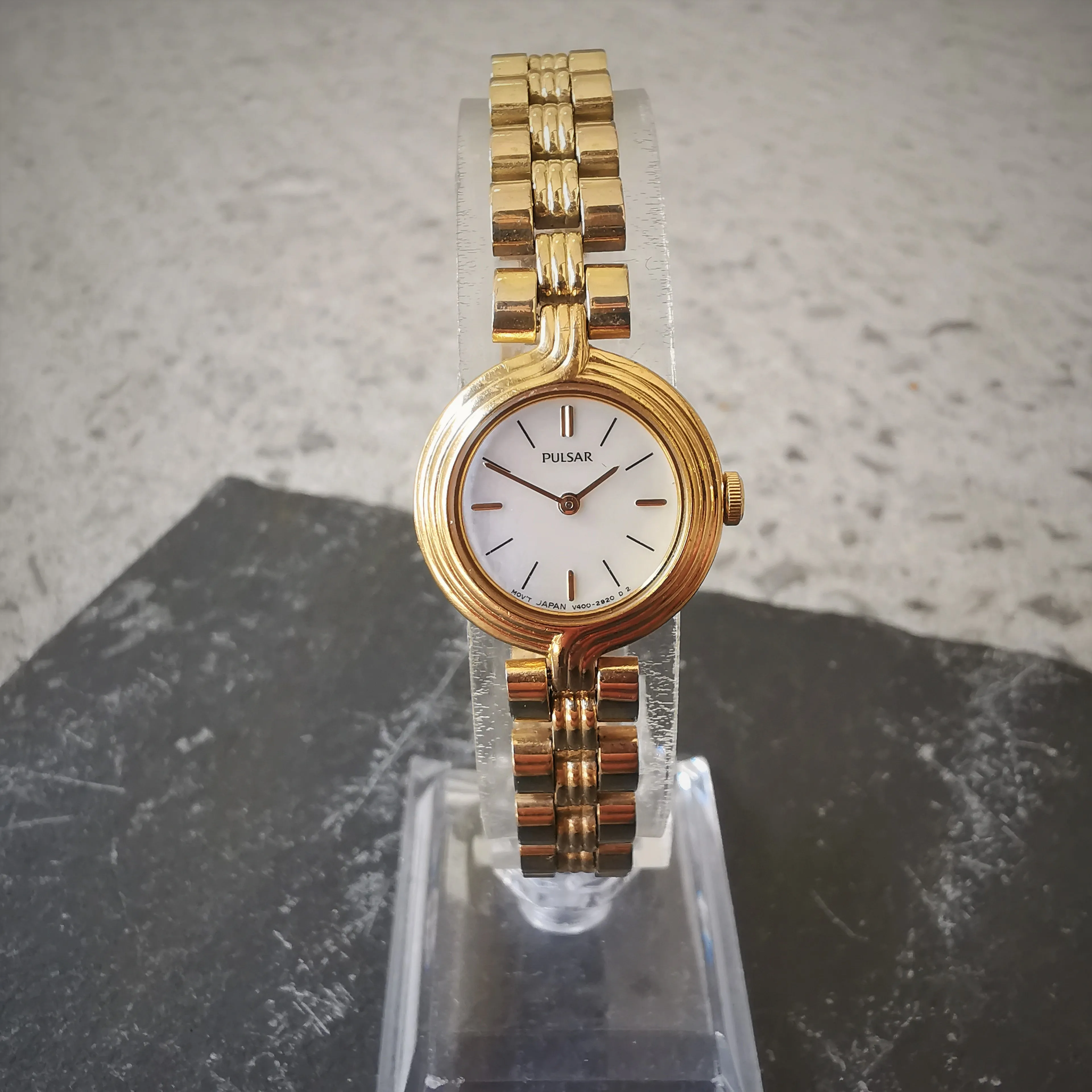 Vintage Women's PULSAR Gold Plated Quartz Watch // With Marble Design Dial