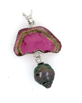 Watermelon Tourmaline & Cook Island Pearl Sterling Pendant