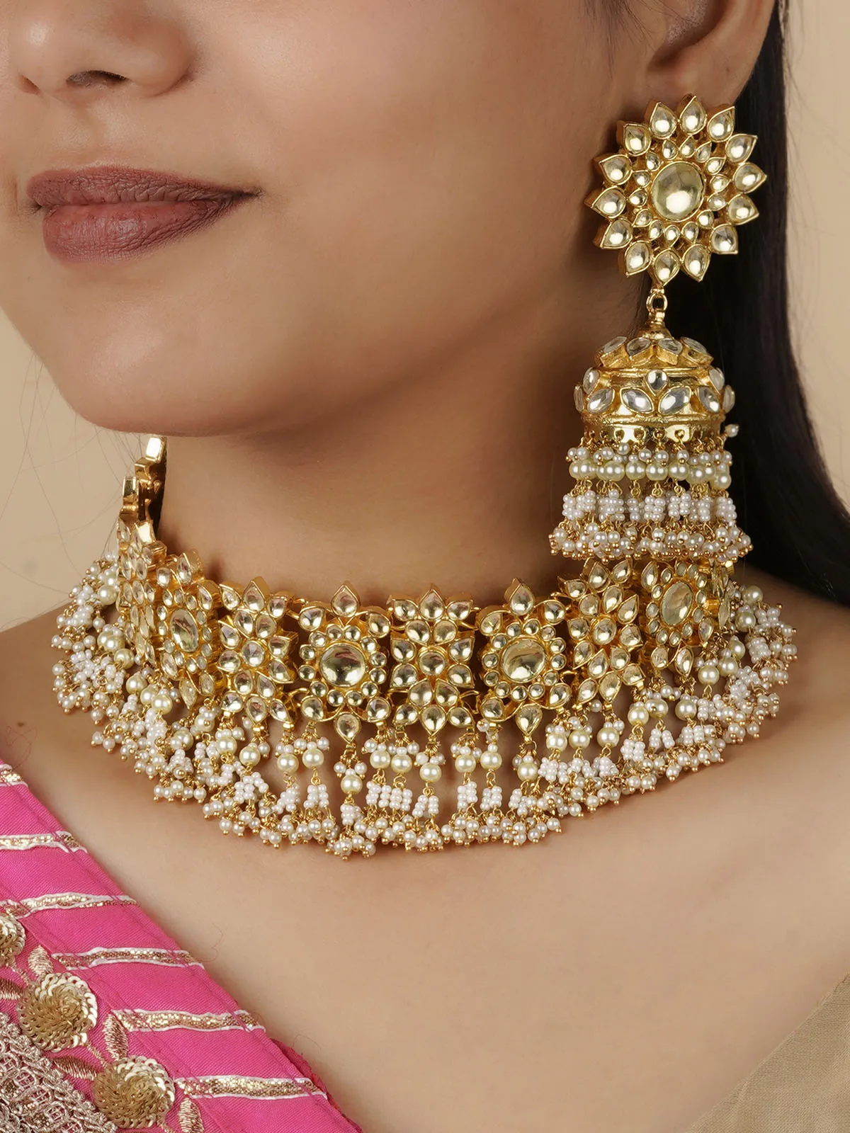 White Color Gold Plated Jadau Kundan Necklace Set - MS1319Y