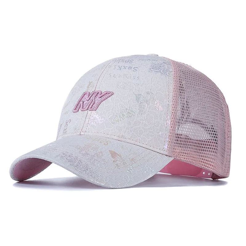 Women Cotton Trucker Hat Fashion NY Embroidered Baseball Cap Shiny Butterfly Style Adjustable Outdoor Streetwear Mesh Cap