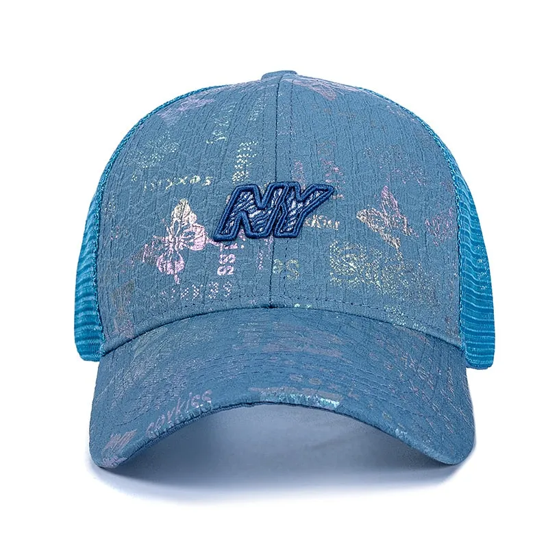 Women Cotton Trucker Hat Fashion NY Embroidered Baseball Cap Shiny Butterfly Style Adjustable Outdoor Streetwear Mesh Cap