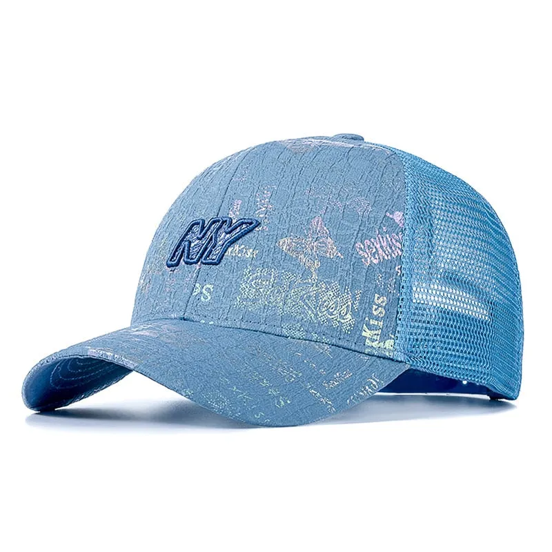 Women Cotton Trucker Hat Fashion NY Embroidered Baseball Cap Shiny Butterfly Style Adjustable Outdoor Streetwear Mesh Cap