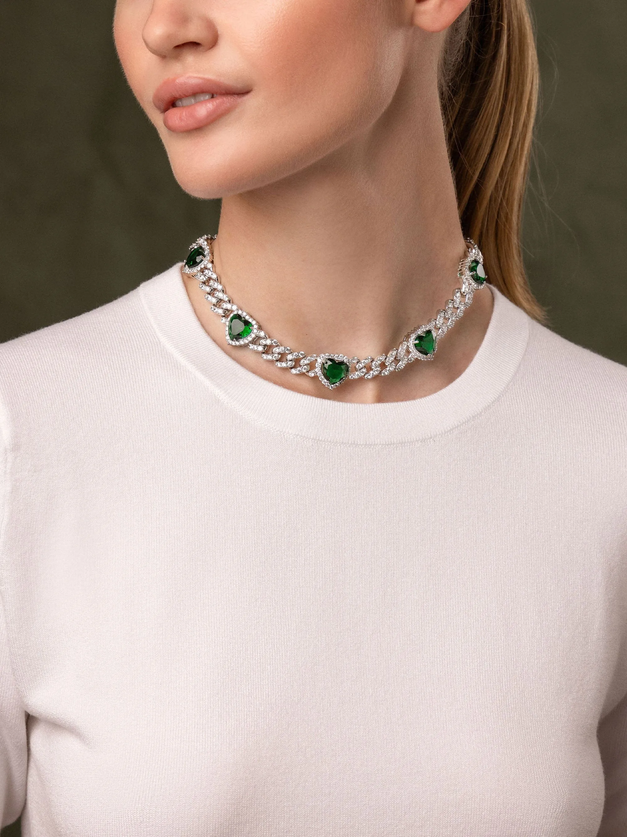 Women's Crystal Embellished Choker with Green Hearts