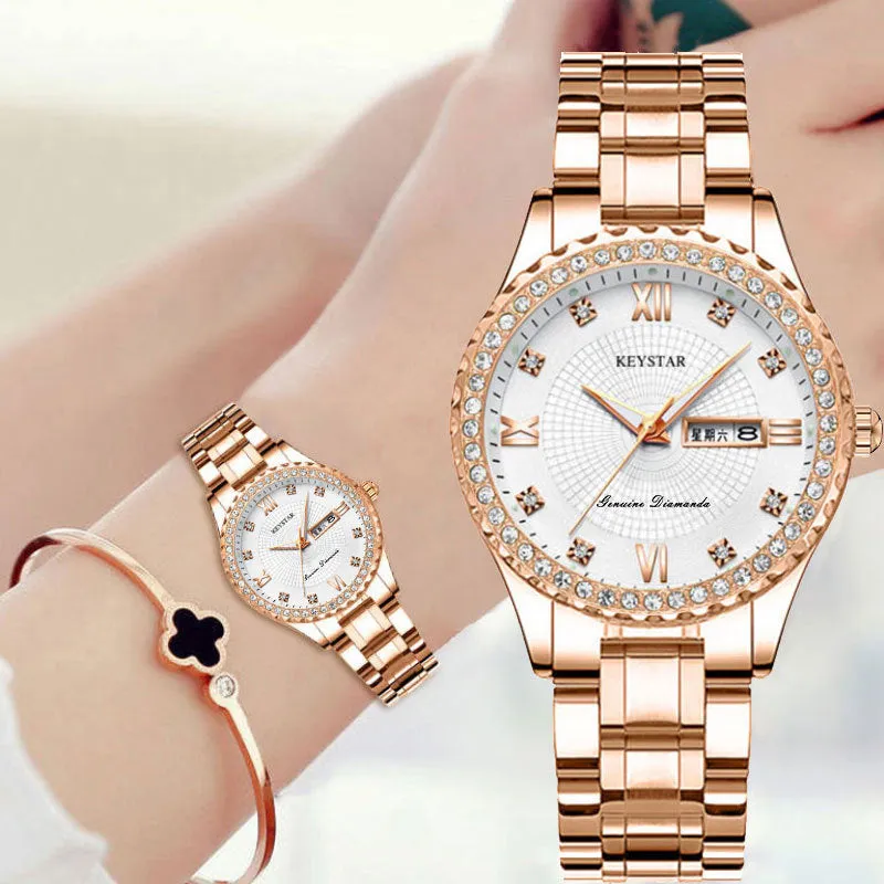 Women's Waterproof Luminous Diamond Double Calendar Korean Style Female Student Watch Quartz