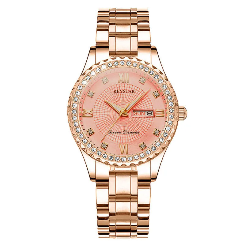 Women's Waterproof Luminous Diamond Double Calendar Korean Style Female Student Watch Quartz