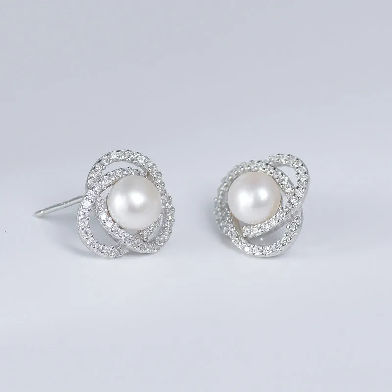 Zircon Circling with Freshwater Pearl Silver Stud Earrings for Women