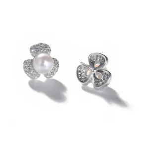 Zircon Clover Freshwater Pearl Silver Stud Earrings for Women