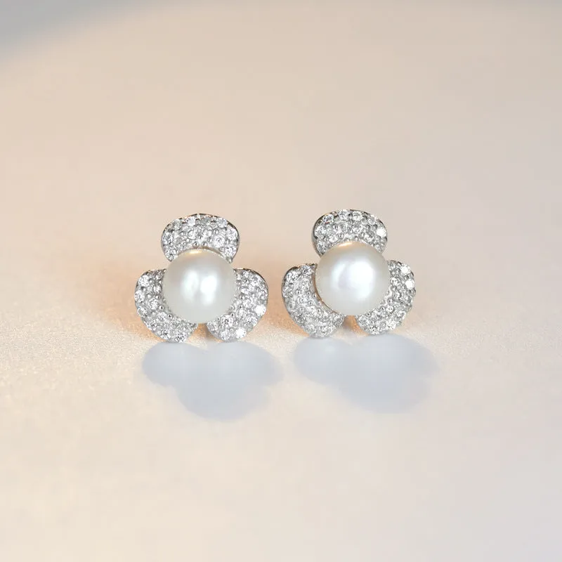 Zircon Clover Freshwater Pearl Silver Stud Earrings for Women