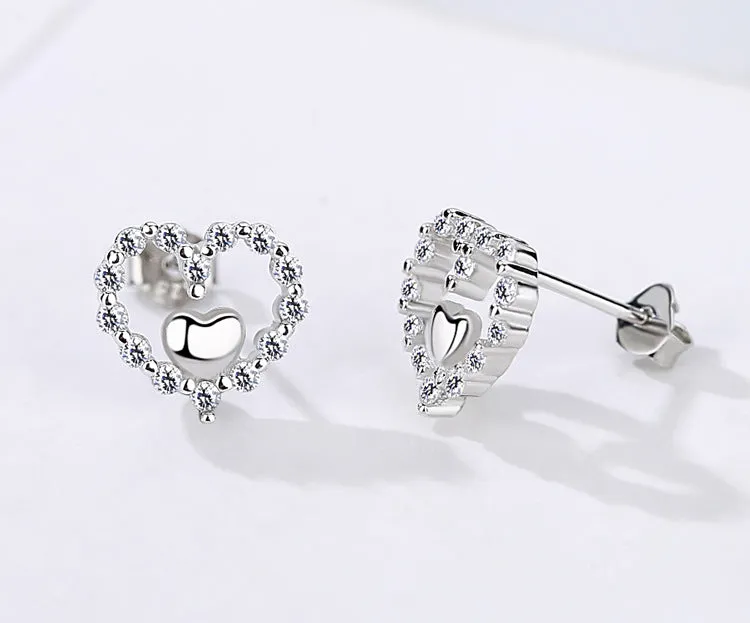 Zircon Heart with Love Silver Studs Earrings for Women