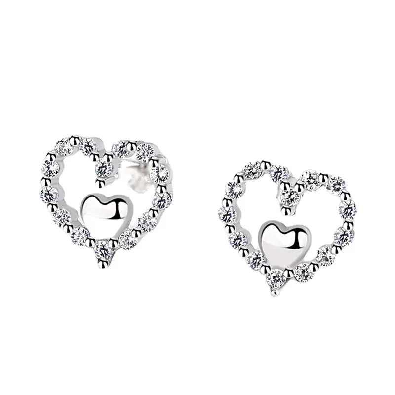 Zircon Heart with Love Silver Studs Earrings for Women