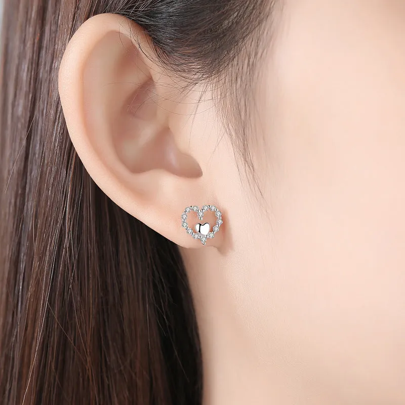 Zircon Heart with Love Silver Studs Earrings for Women